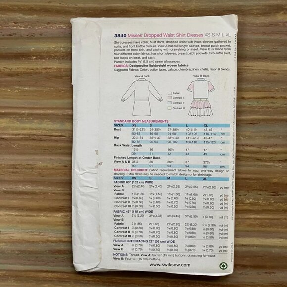 UNCUT Sewing Pattern Kwik Sew 3840 Dropped Waist Shirt Dress Pocket Misses XS-XL - Picture 2 of 2